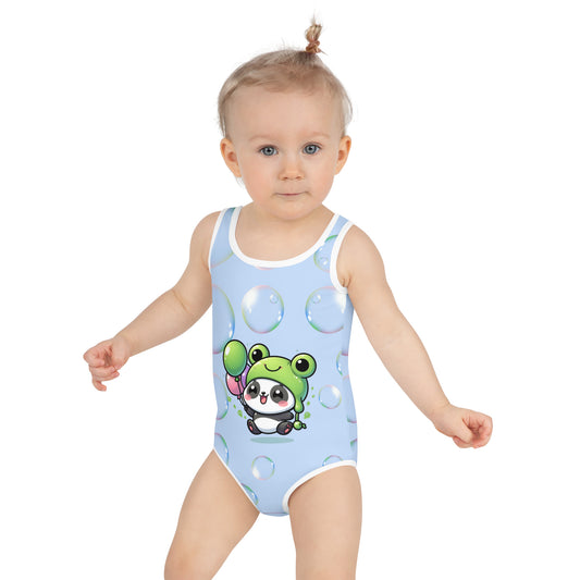 Toddler Swimsuit - Panda Baby 2 with a Balloon in a Frog Suit Hawkes Blue