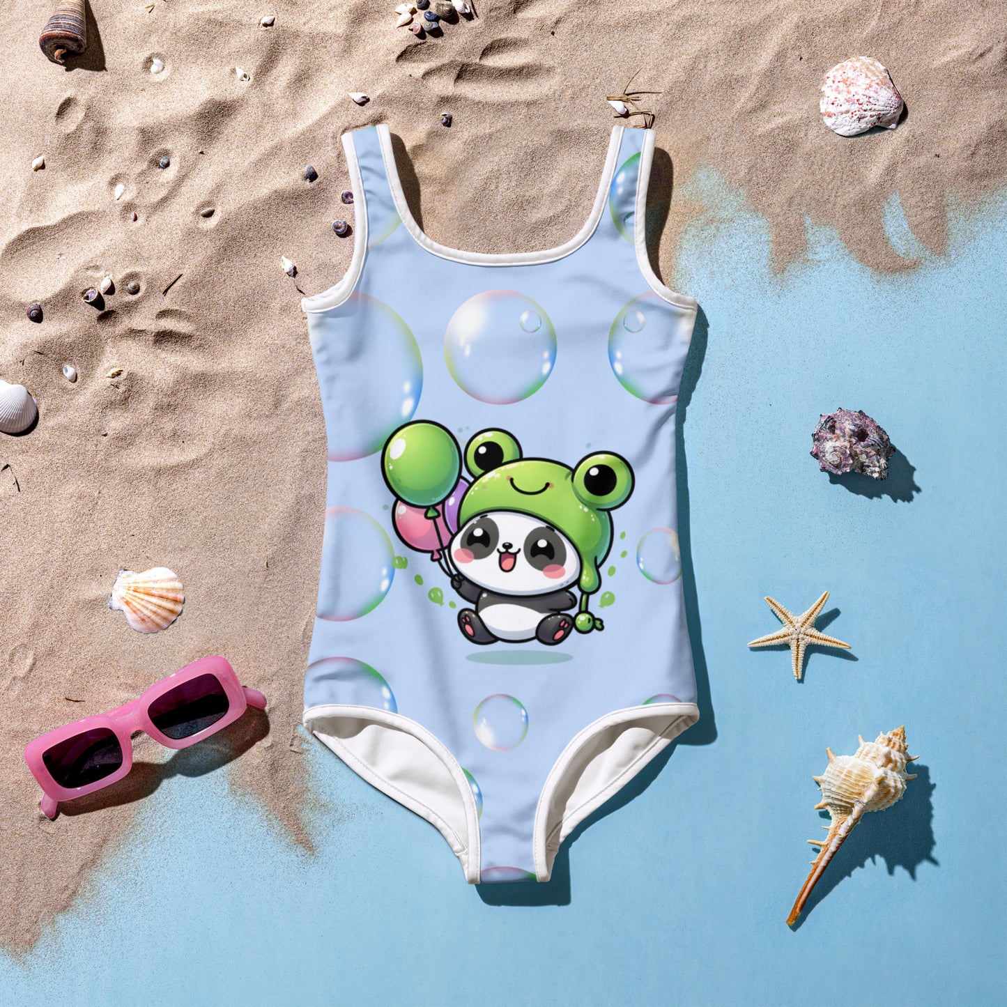 Toddler Swimsuit - Panda Baby 2 with a Balloon in a Frog Suit Hawkes Blue