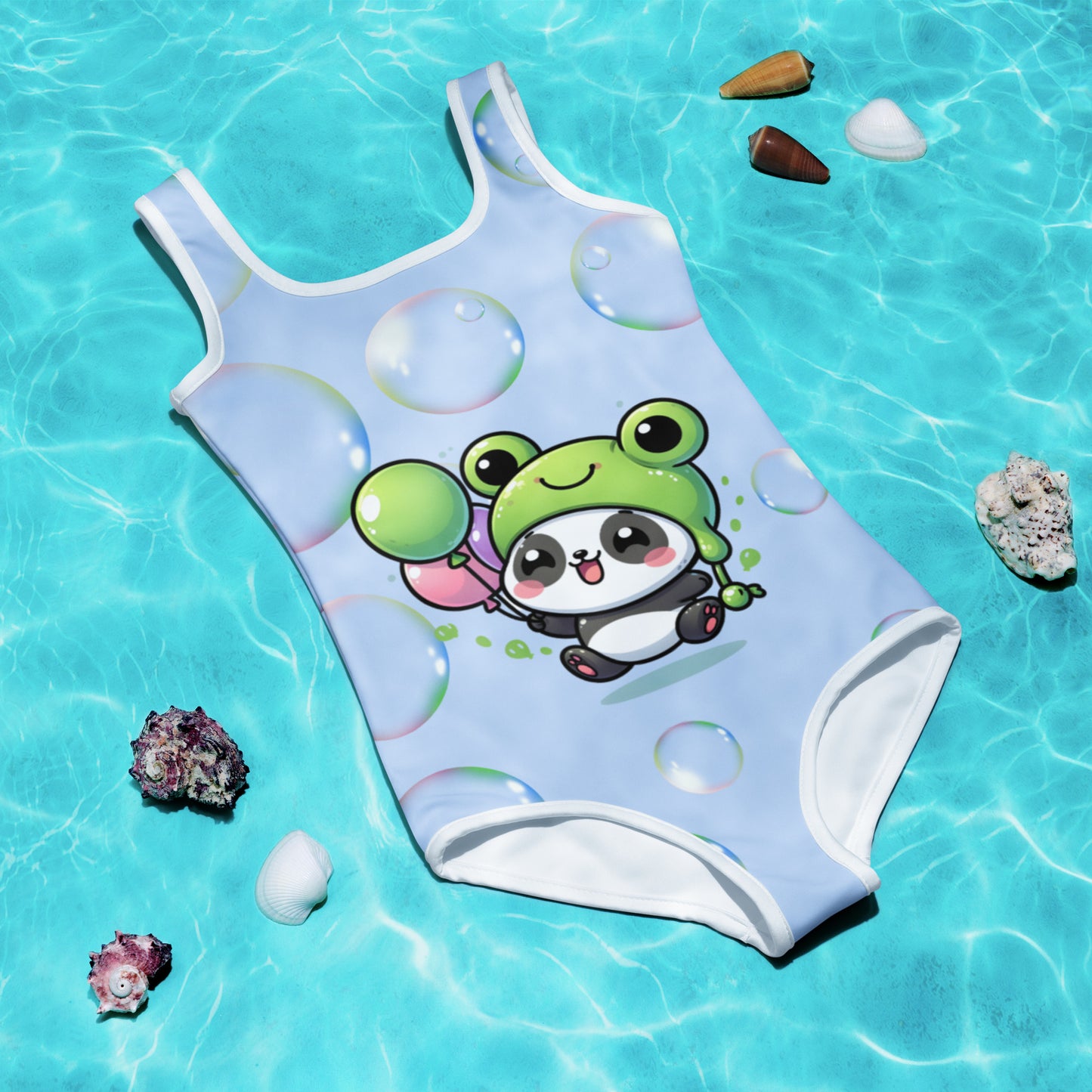 Toddler Swimsuit - Panda Baby 2 with a Balloon in a Frog Suit Hawkes Blue