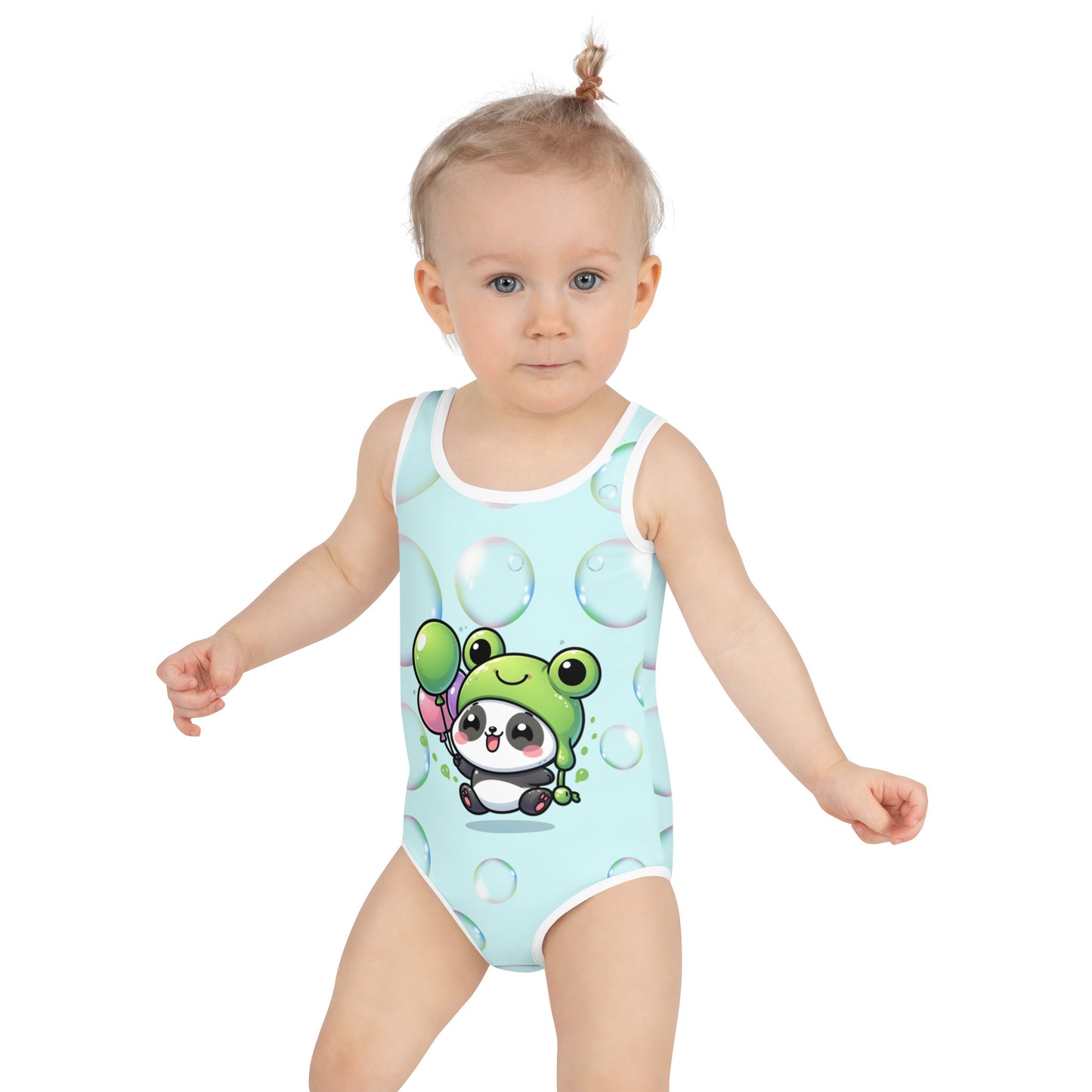 Toddler Swimsuit - Panda Baby 2 with a Balloon in a Frog Suit Light Cyan