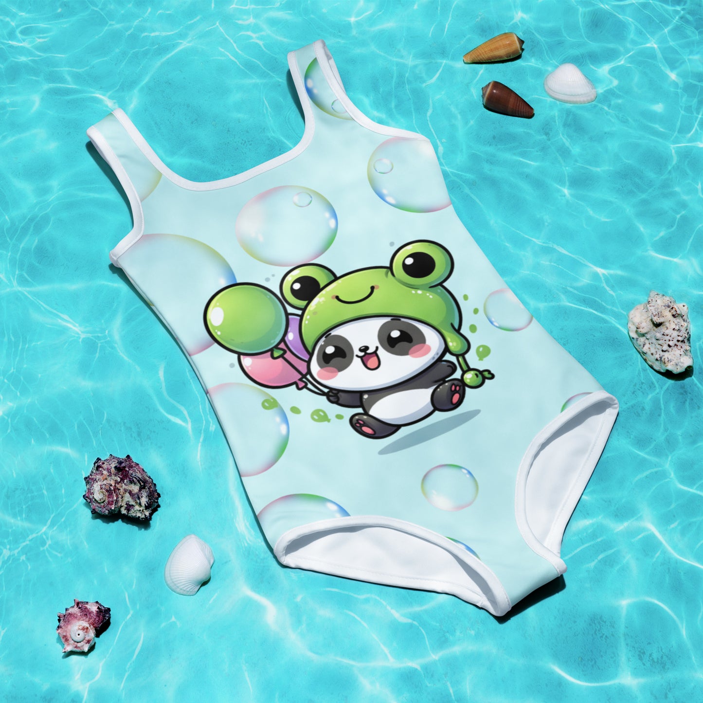 Toddler Swimsuit - Panda Baby 2 with a Balloon in a Frog Suit Light Cyan