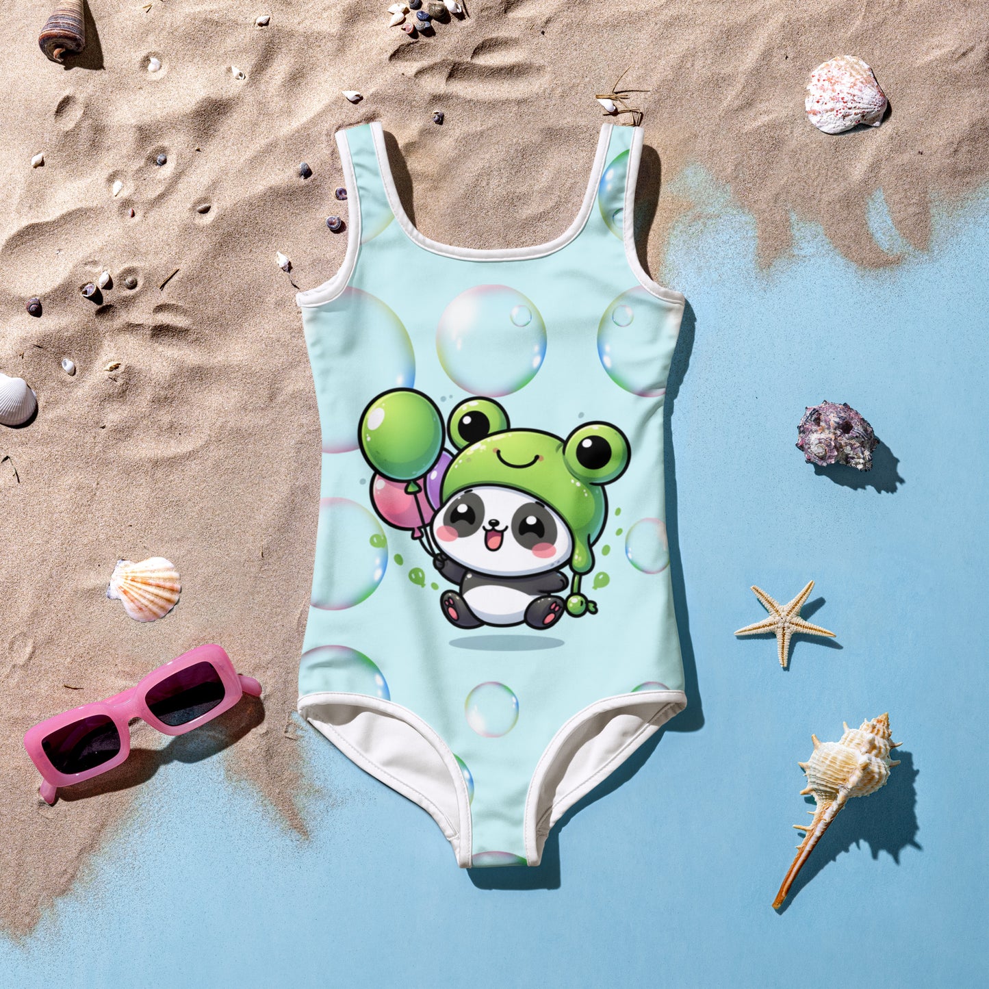 Toddler Swimsuit - Panda Baby 2 with a Balloon in a Frog Suit Light Cyan