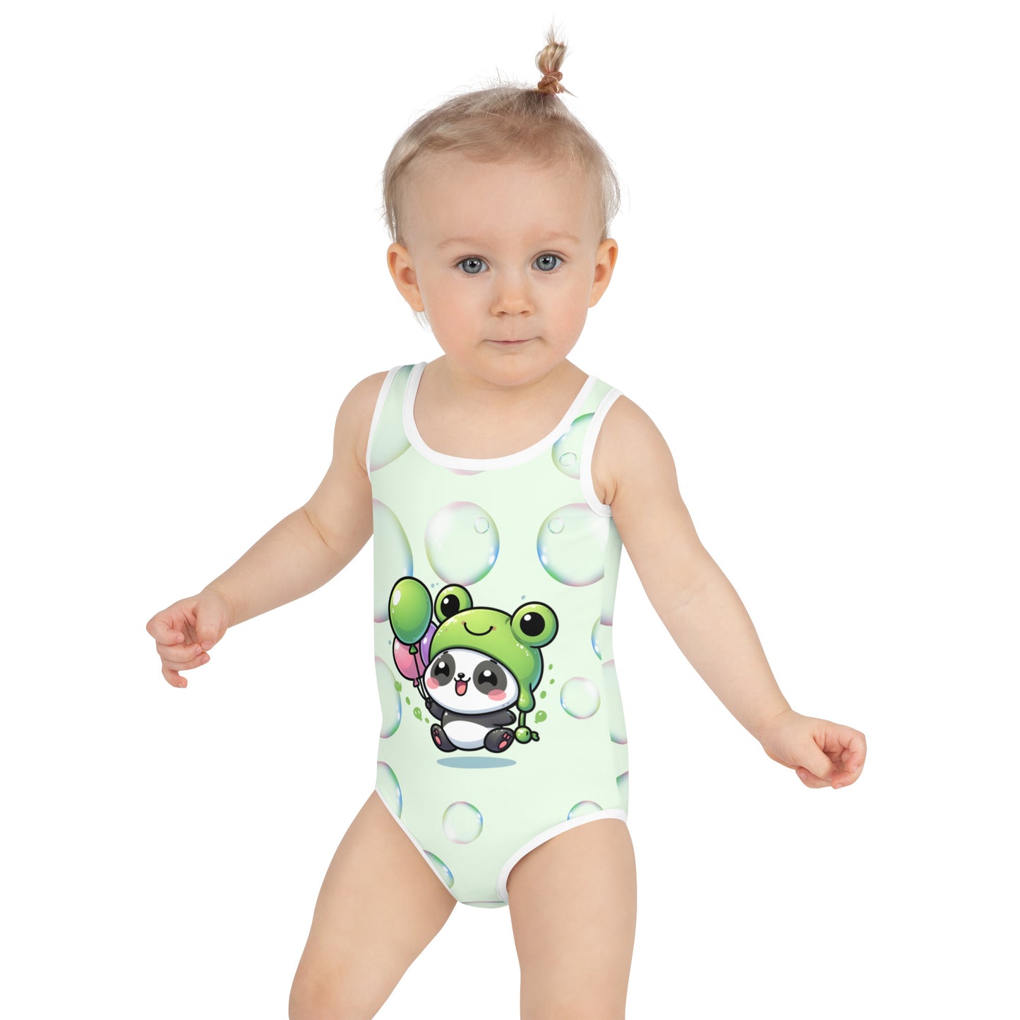 Toddler Swimsuit - Panda Baby 2 with a Balloon in a Frog Suit Honeydew