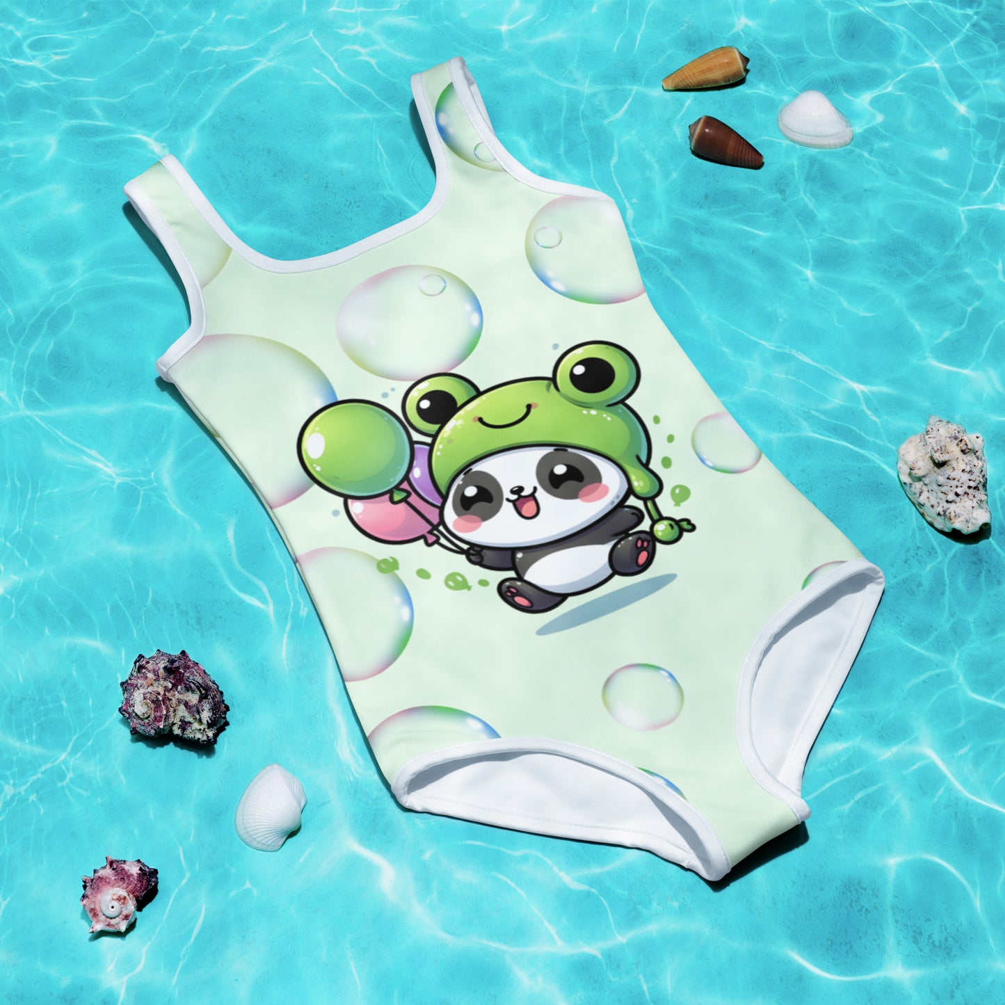 Toddler Swimsuit - Panda Baby 2 with a Balloon in a Frog Suit Honeydew