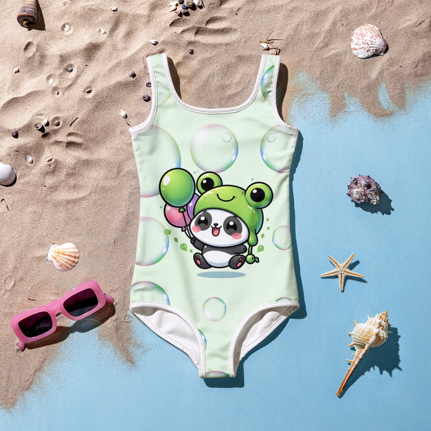 Toddler Swimsuit - Panda Baby 2 with a Balloon in a Frog Suit Honeydew