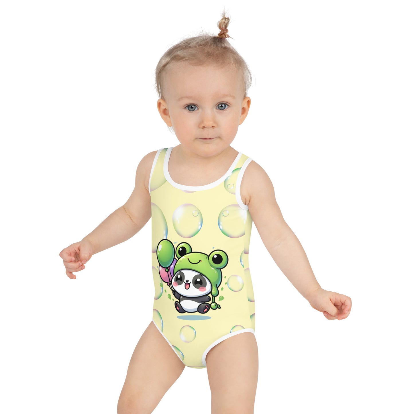 Toddler Swimsuit - Panda Baby 2 with a Balloon in a Frog Suit yellow