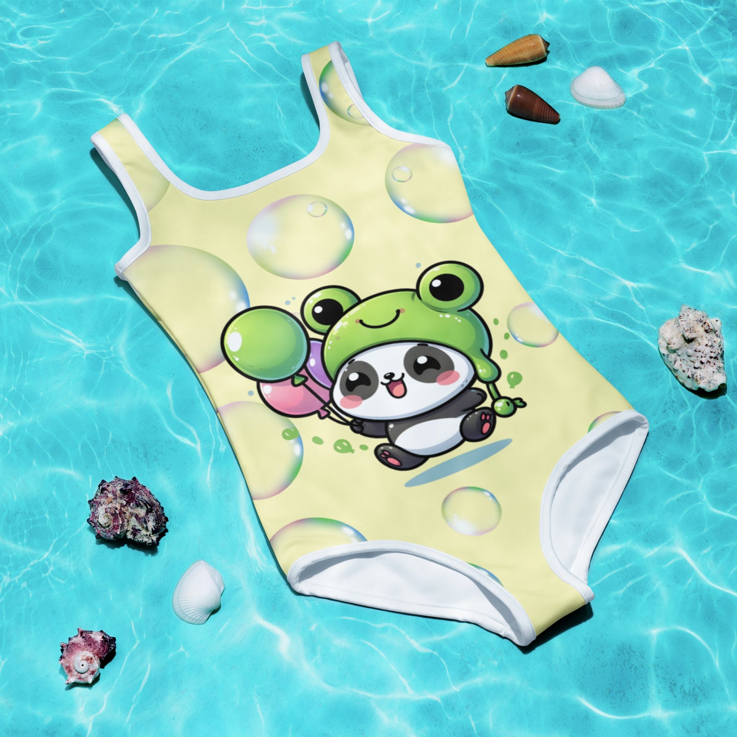 Toddler Swimsuit - Panda Baby 2 with a Balloon in a Frog Suit yellow