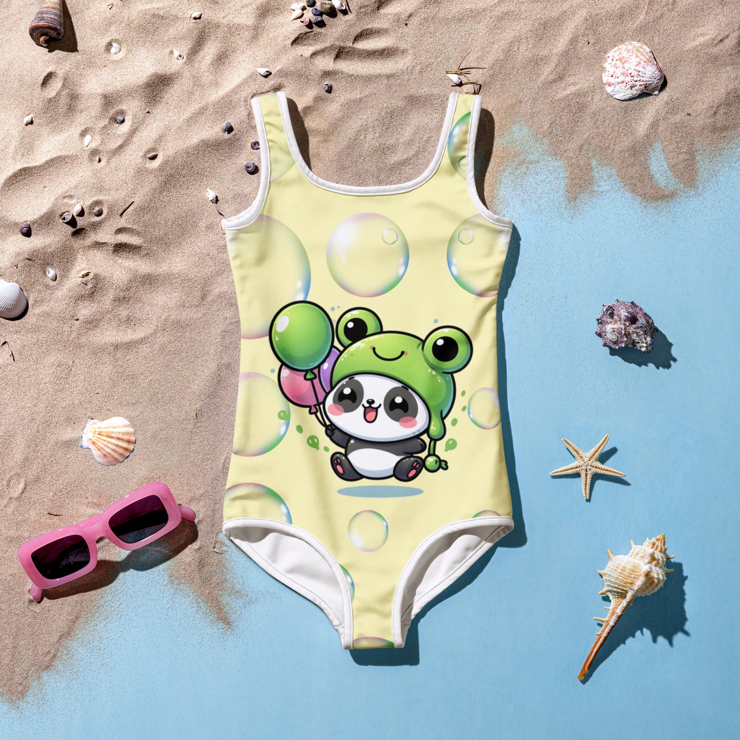 Toddler Swimsuit - Panda Baby 2 with a Balloon in a Frog Suit yellow