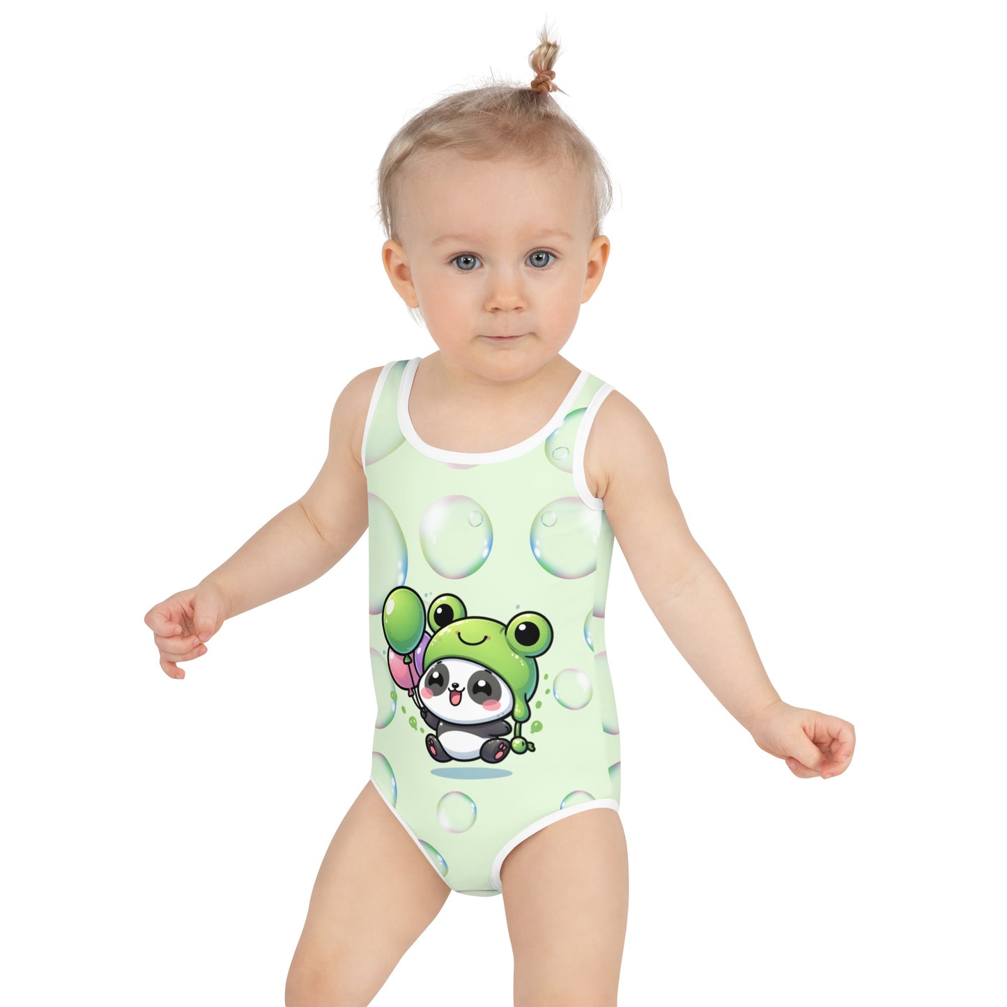 Toddler Swimsuit - Panda Baby 2 with a Balloon in a Frog Suit Panache Light Green