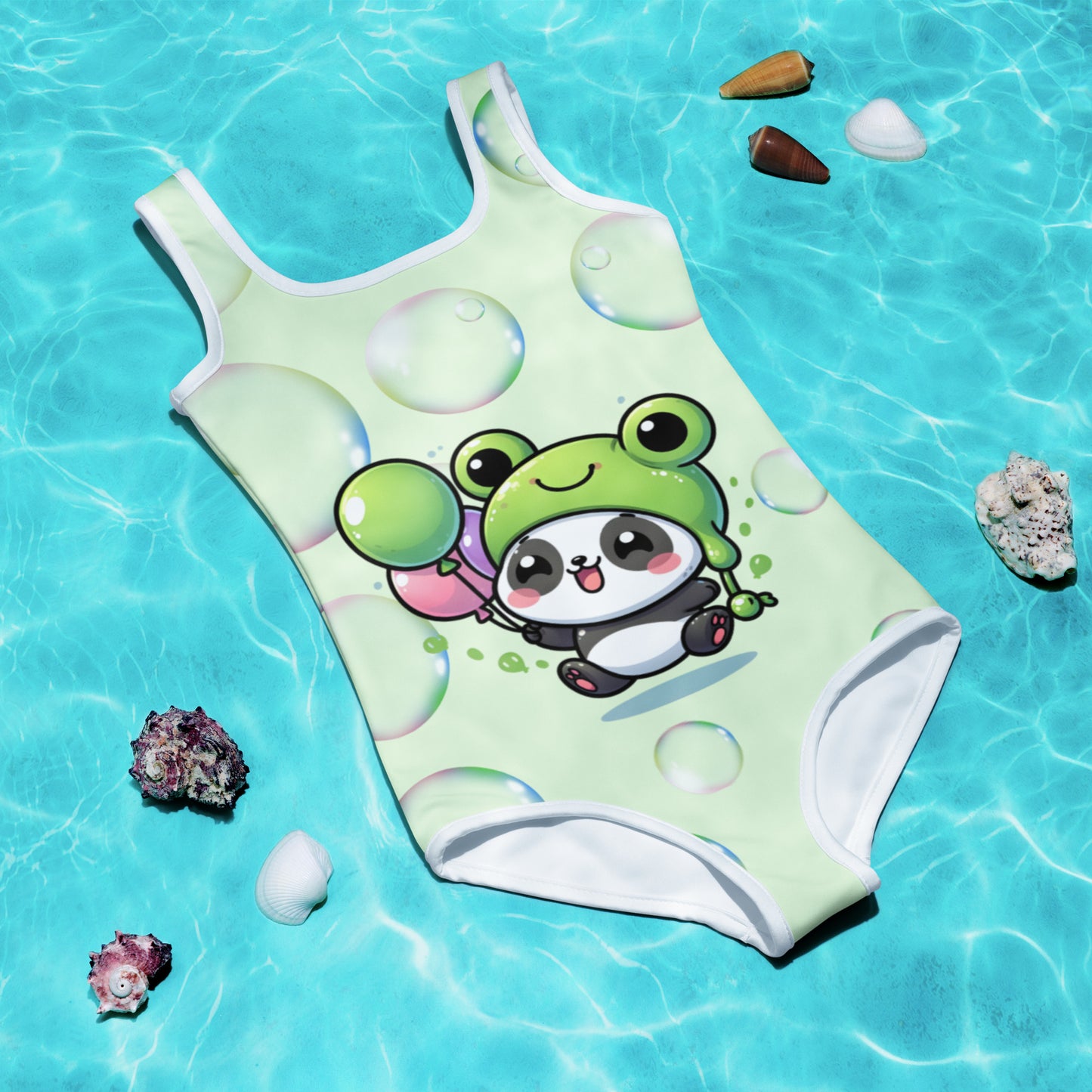 Toddler Swimsuit - Panda Baby 2 with a Balloon in a Frog Suit Panache Light Green