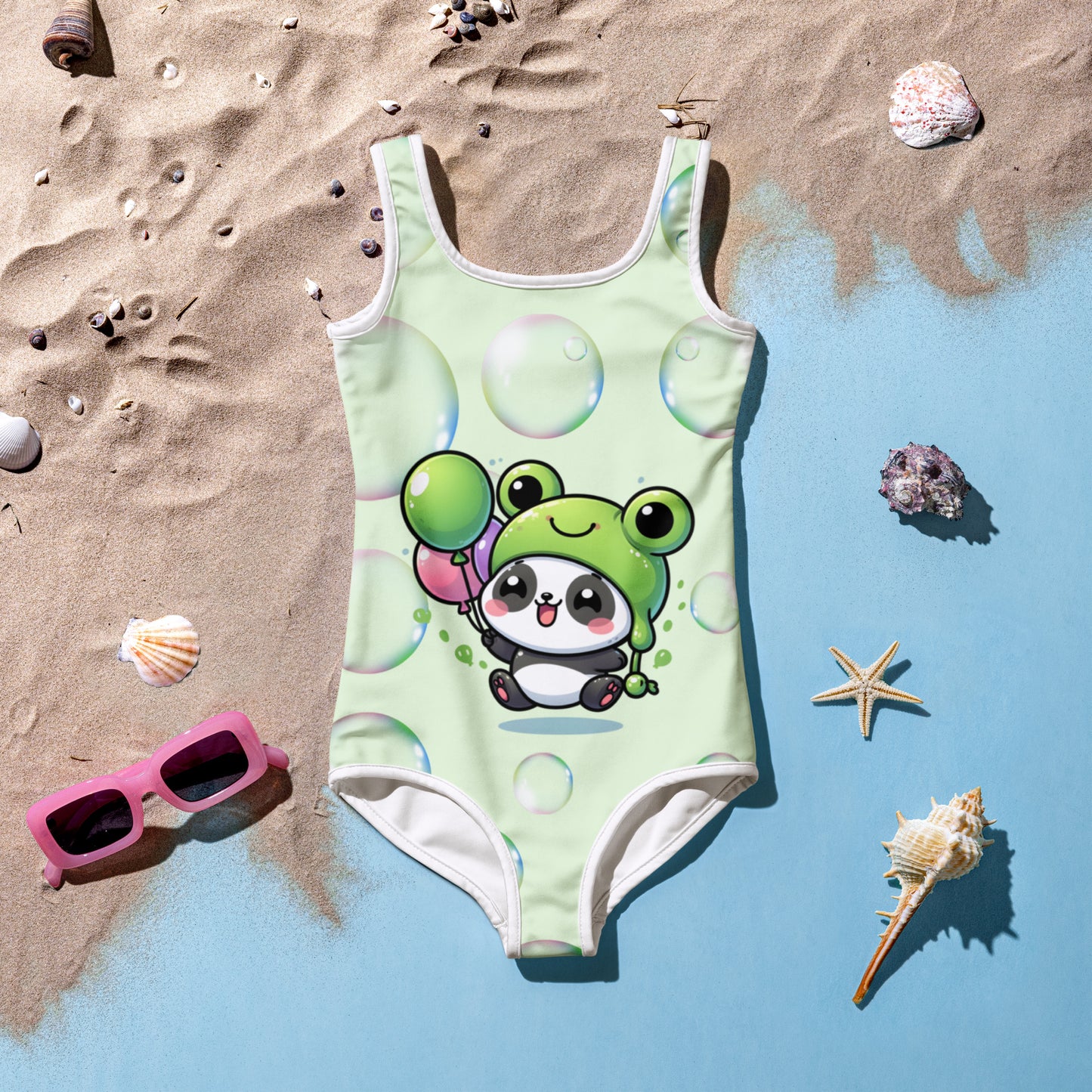 Toddler Swimsuit - Panda Baby 2 with a Balloon in a Frog Suit Panache Light Green