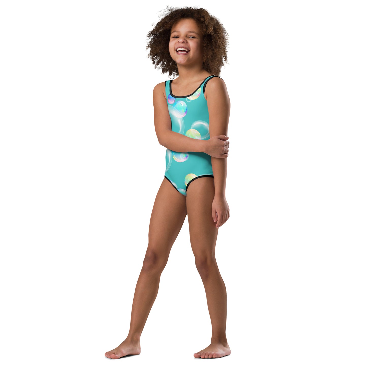 Kids Swimsuit - Bubbles with Dark Turquoise Black Stitching 2