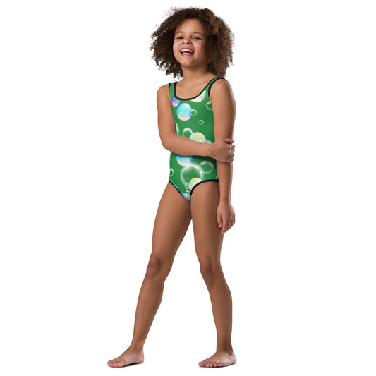 Kids Swimsuit - Bubbles with Sea Green Background with Black Stitching 2