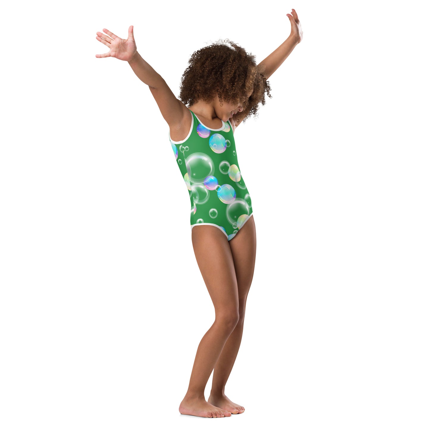 Kids Swimsuit - Bubbles with Sea Green Background with White Stitching 1