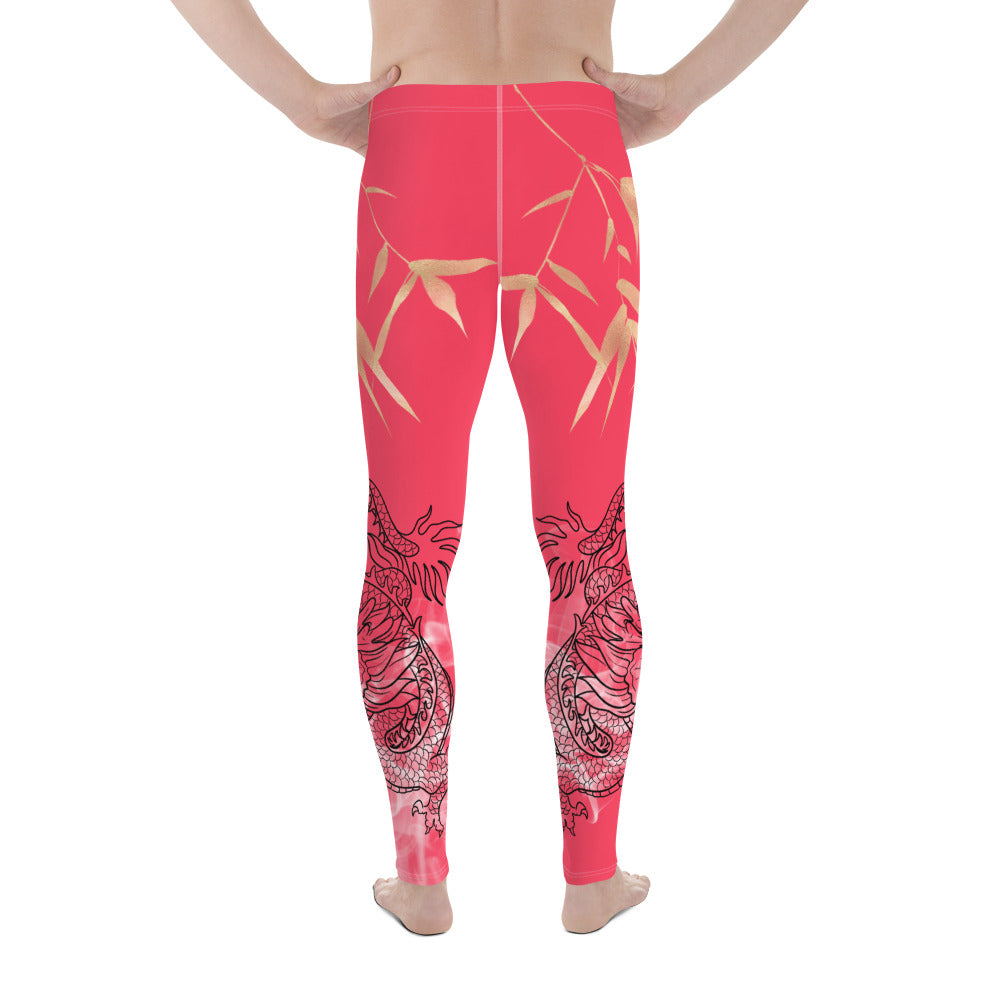 Men's Leggings - Dragon with White Smoke, Gold Bamboo Leaf, Radical Red background