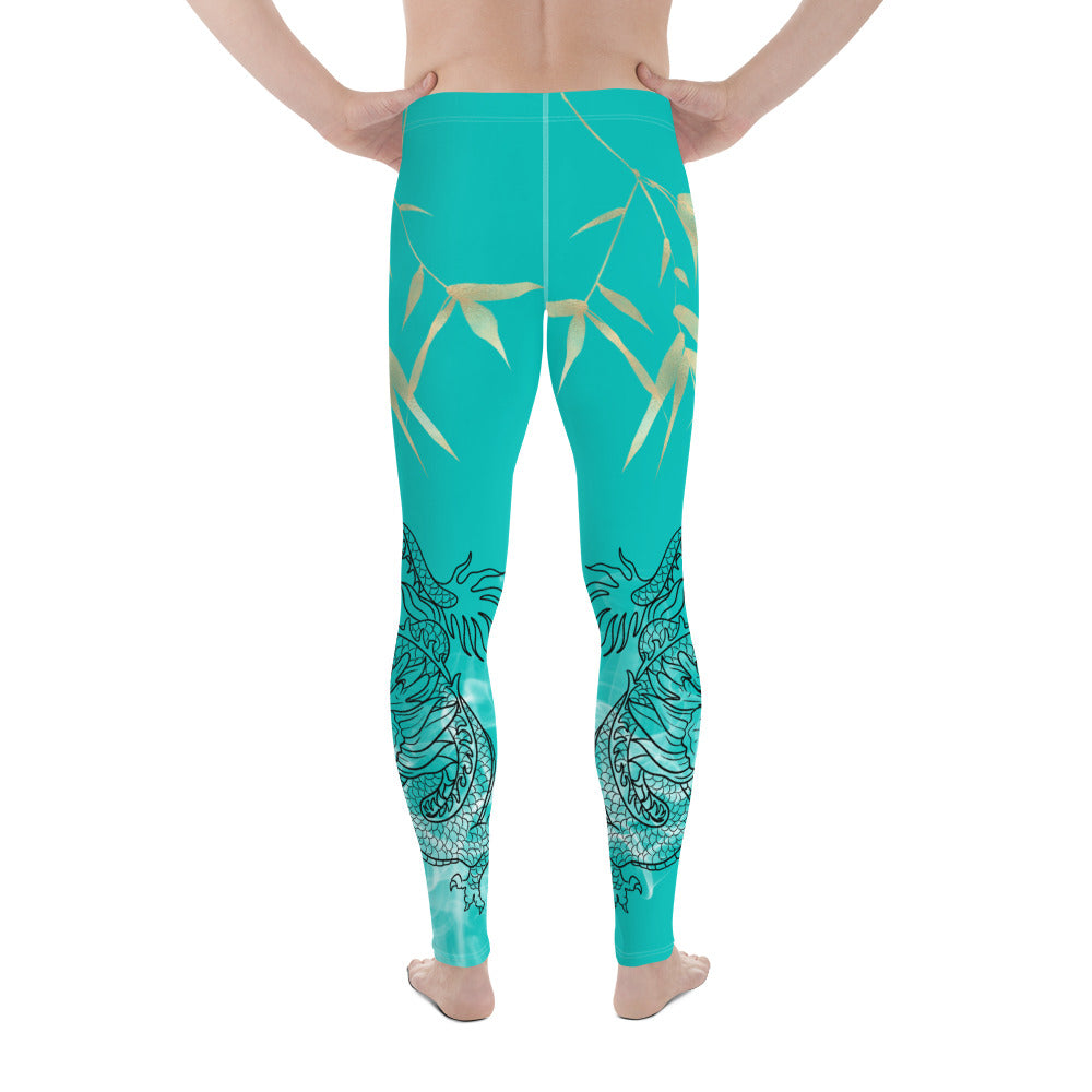 Men's Leggings - Dragon with White Smoke, Gold Bamboo Leaf, Iris Blue background