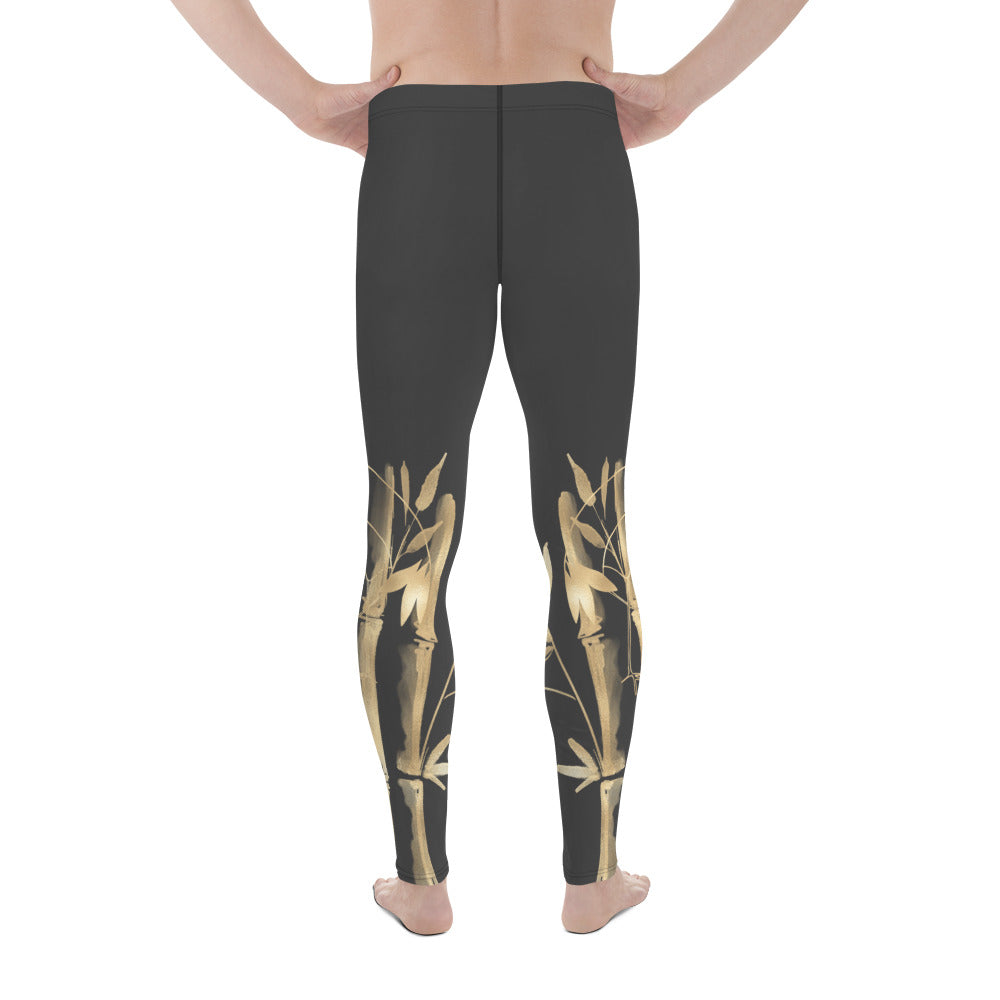 Men's Leggings – Gold Grane, Gold Bamboo Leaf, Eclipse Dark Gray background