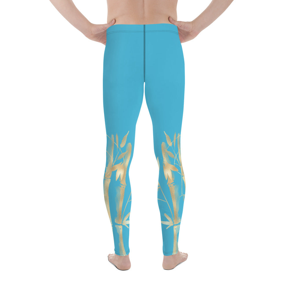 Men's Leggings – Gold Grane, Gold Bamboo Leaf, Summer Sky Blue background