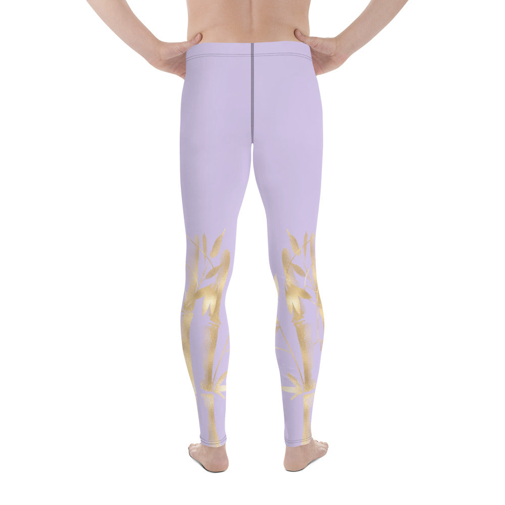 Men's Leggings – Gold Grane, Gold Bamboo Leaf, Fog Light Purple background