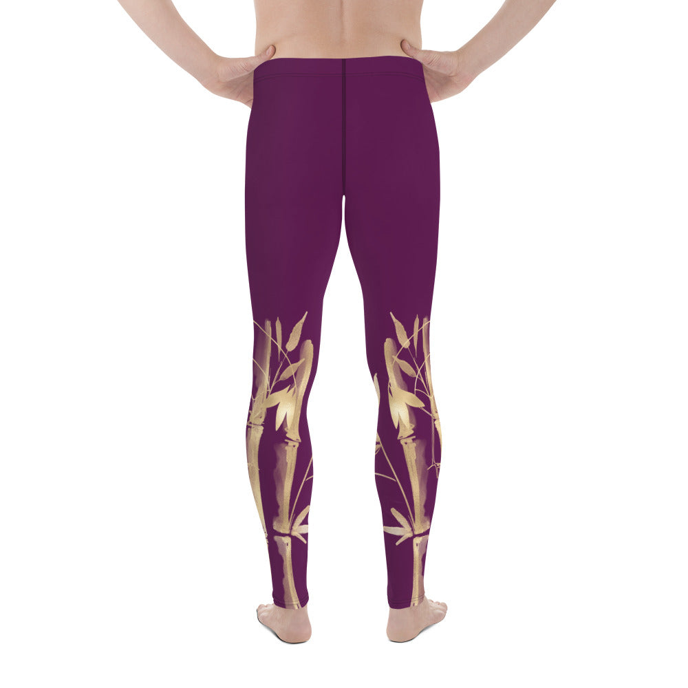 Men's Leggings – Gold Grane, Gold Bamboo Leaf, Tyrian Purple background