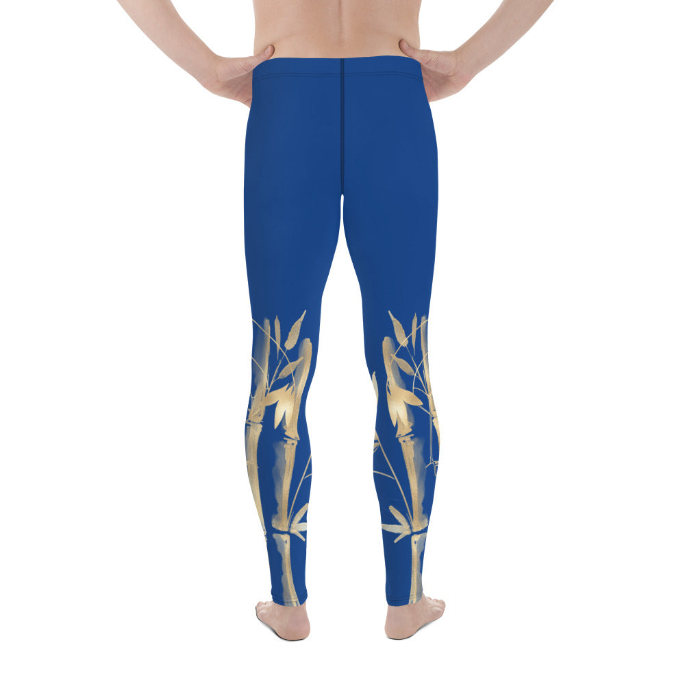 Men's Leggings – Gold Grane, Gold Bamboo Leaf, Dark Cerulean - Dark Blue background