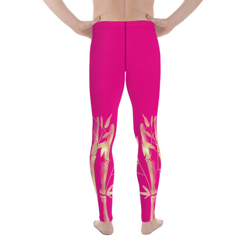 Men's Leggings – Gold Grane, Gold Bamboo Leaf, Medium Violet Red background