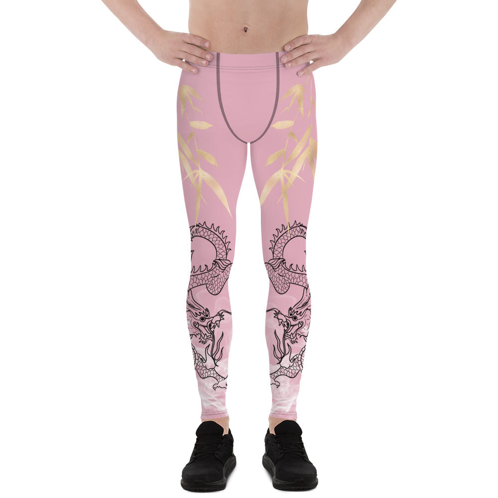 Men's Leggings - Dragon with White Smoke and Melanie color with Gold Bamboo Leaf