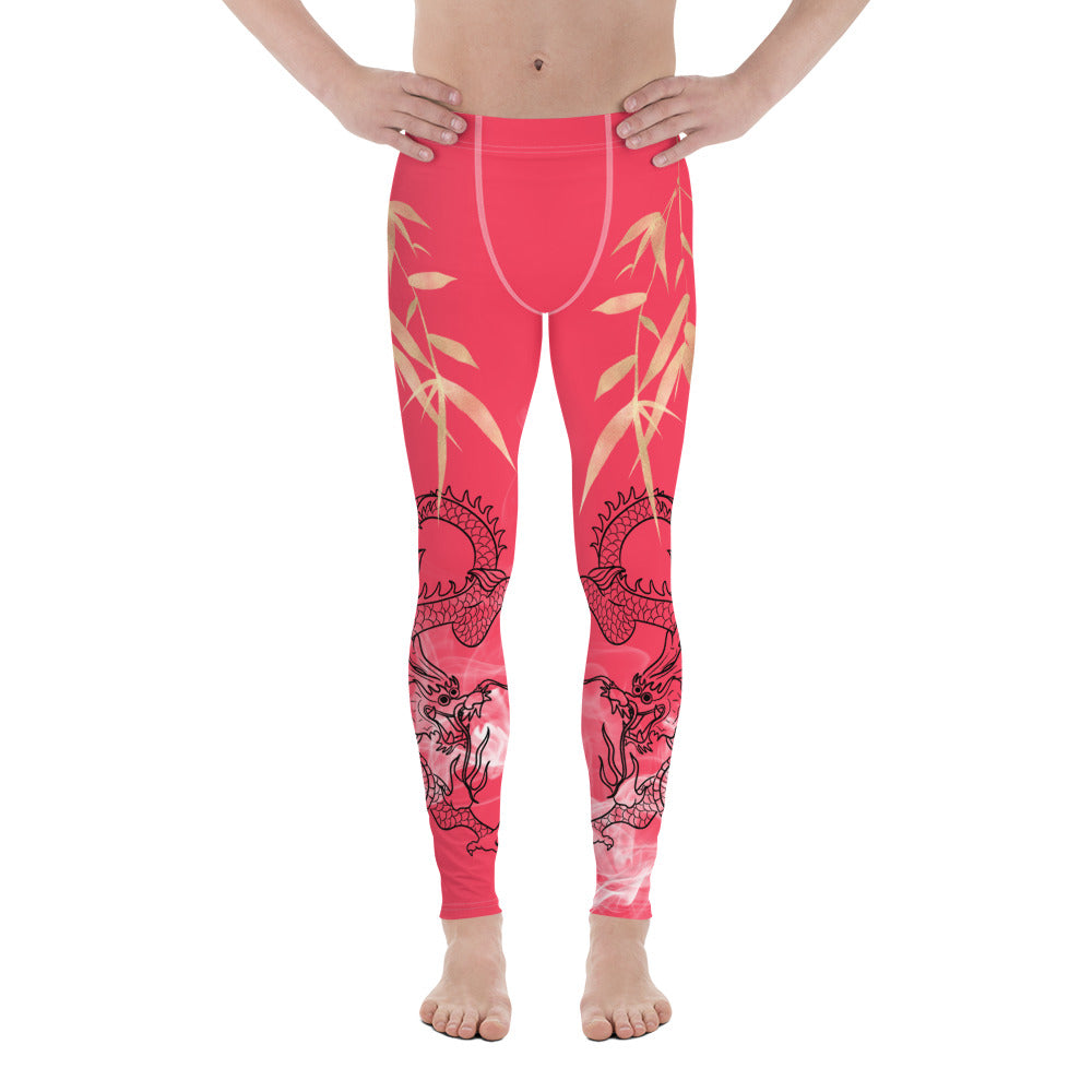 Men's Leggings - Dragon with White Smoke, Gold Bamboo Leaf, Radical Red background