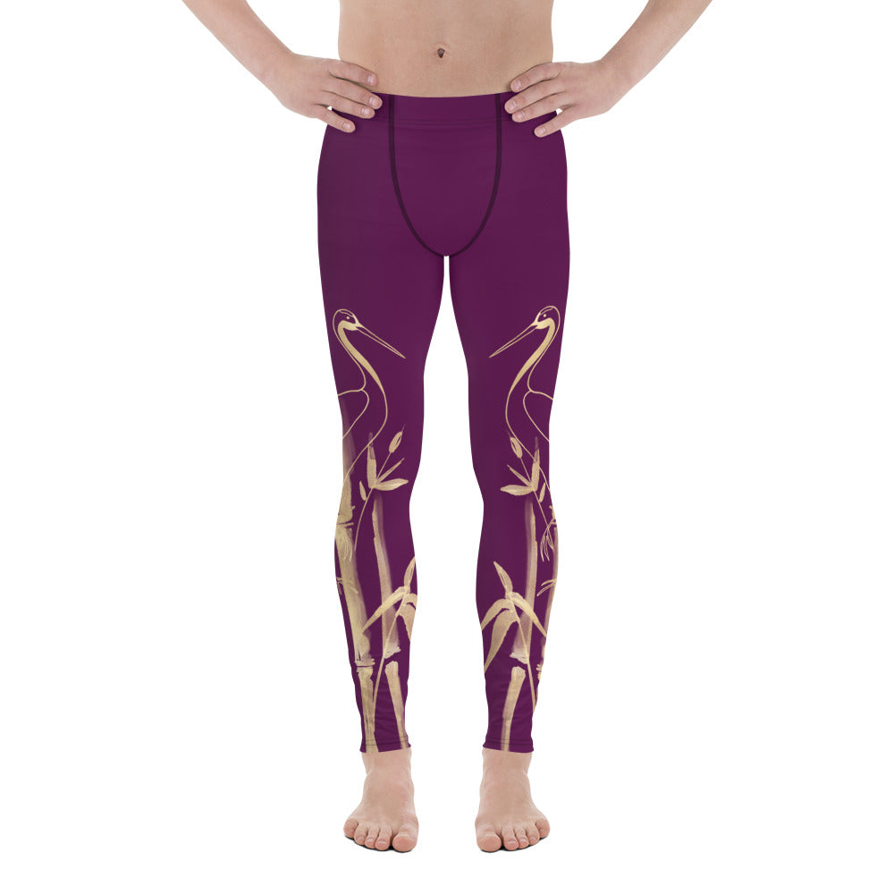 Men's Leggings – Gold Grane, Gold Bamboo Leaf, Tyrian Purple background