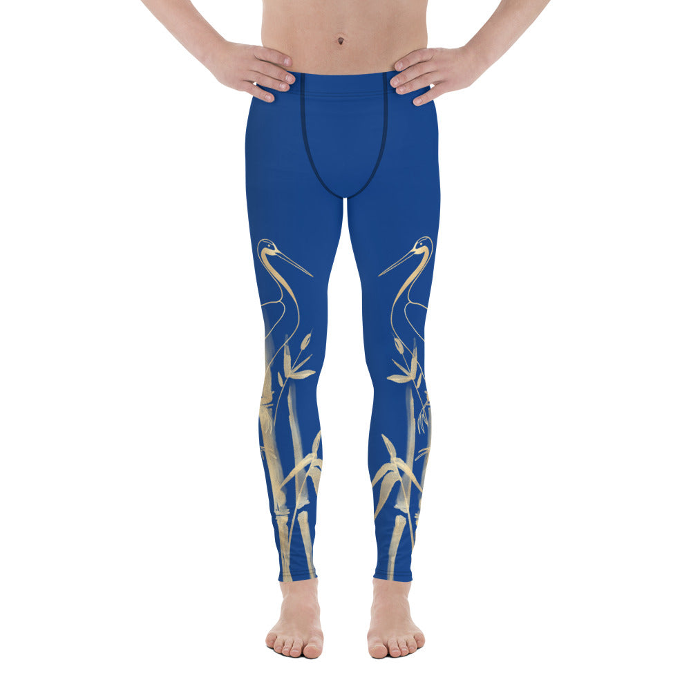 Men's Leggings – Gold Grane, Gold Bamboo Leaf, Dark Cerulean - Dark Blue background