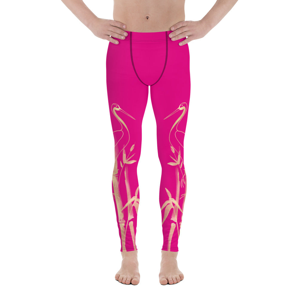 Men's Leggings – Gold Grane, Gold Bamboo Leaf, Medium Violet Red background