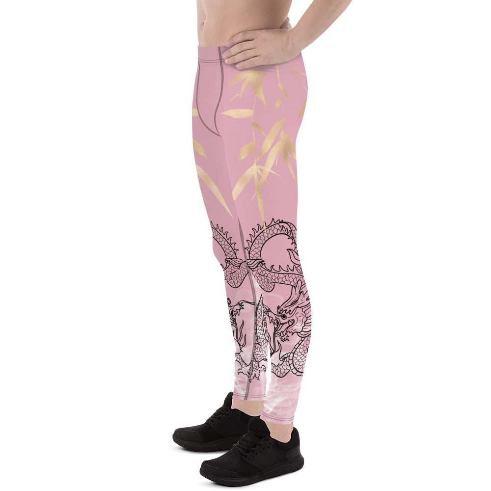 Men's Leggings - Dragon with White Smoke and Melanie color with Gold Bamboo Leaf