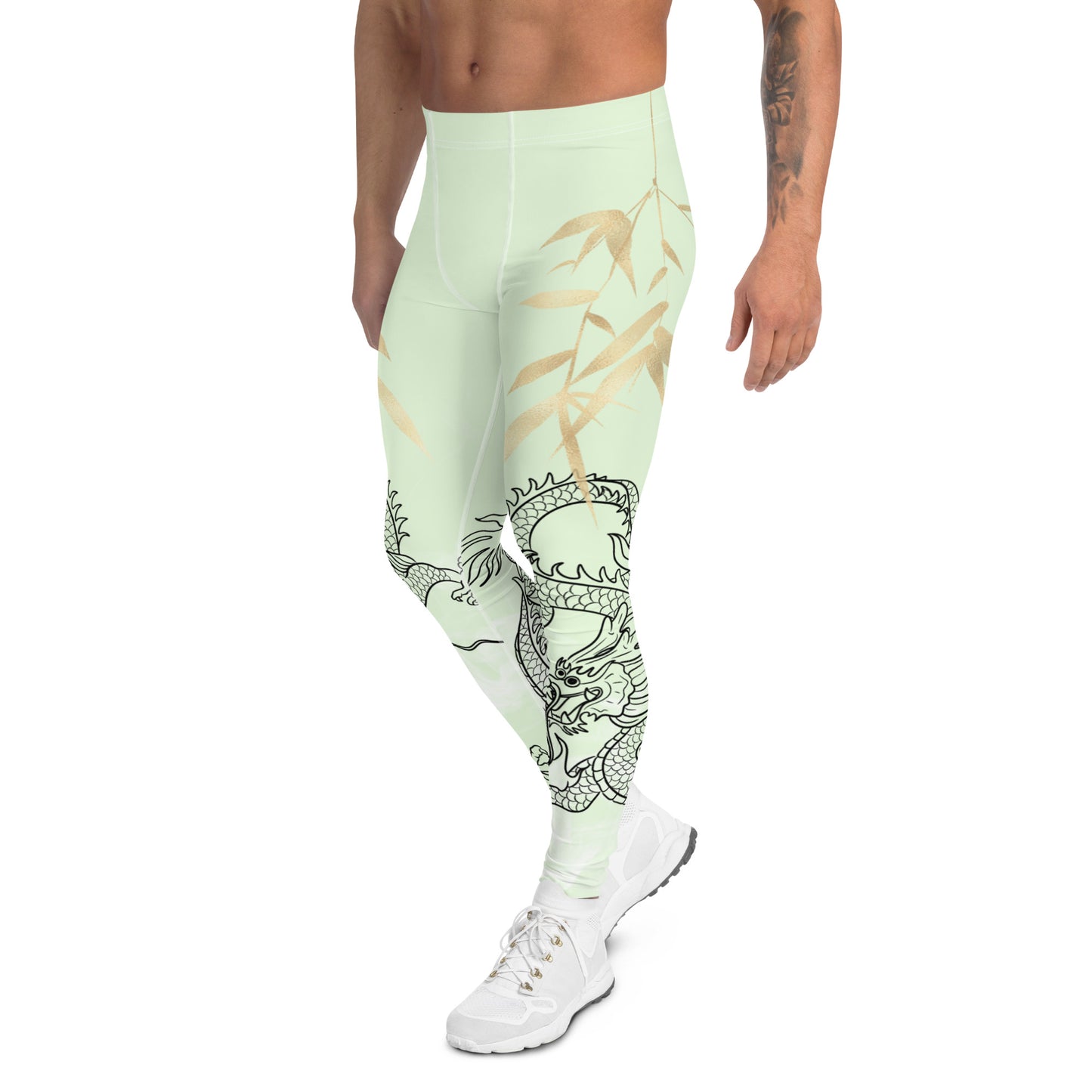 Men's Leggings - Dragon with White Smoke, Gold Leaf, and light green background