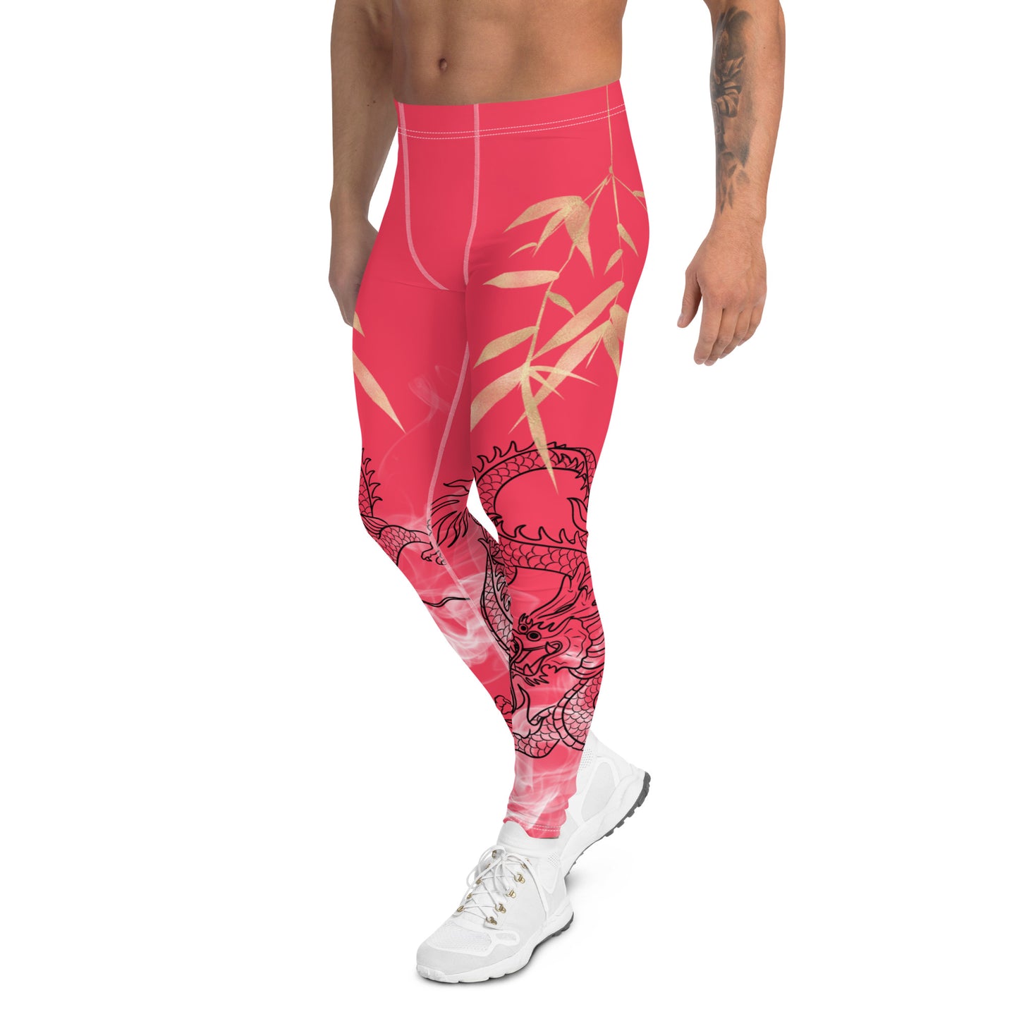 Men's Leggings - Dragon with White Smoke, Gold Bamboo Leaf, Radical Red background