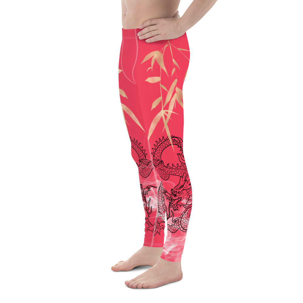 Men's Leggings - Dragon with White Smoke, Gold Bamboo Leaf, Radical Red background