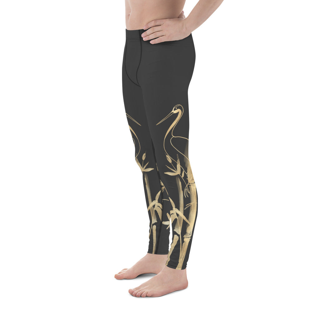 Men's Leggings – Gold Grane, Gold Bamboo Leaf, Eclipse Dark Gray background