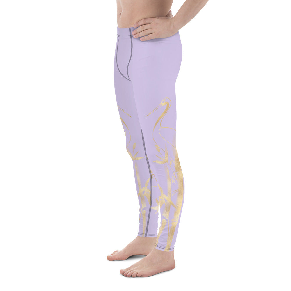 Men's Leggings – Gold Grane, Gold Bamboo Leaf, Fog Light Purple background