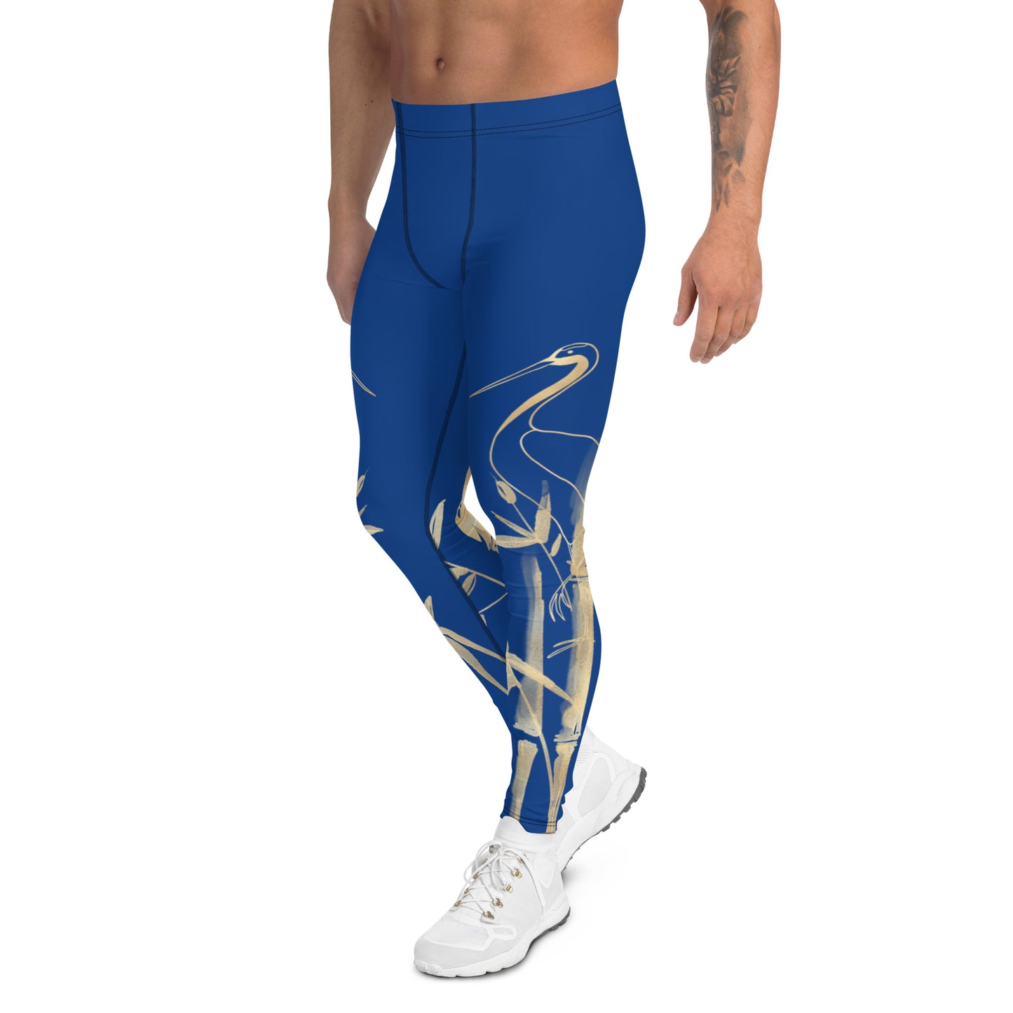 Men's Leggings – Gold Grane, Gold Bamboo Leaf, Dark Cerulean - Dark Blue background