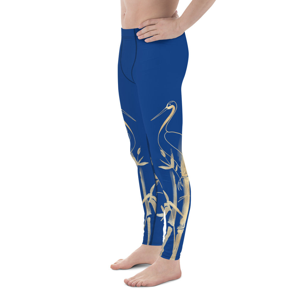 Men's Leggings – Gold Grane, Gold Bamboo Leaf, Dark Cerulean - Dark Blue background