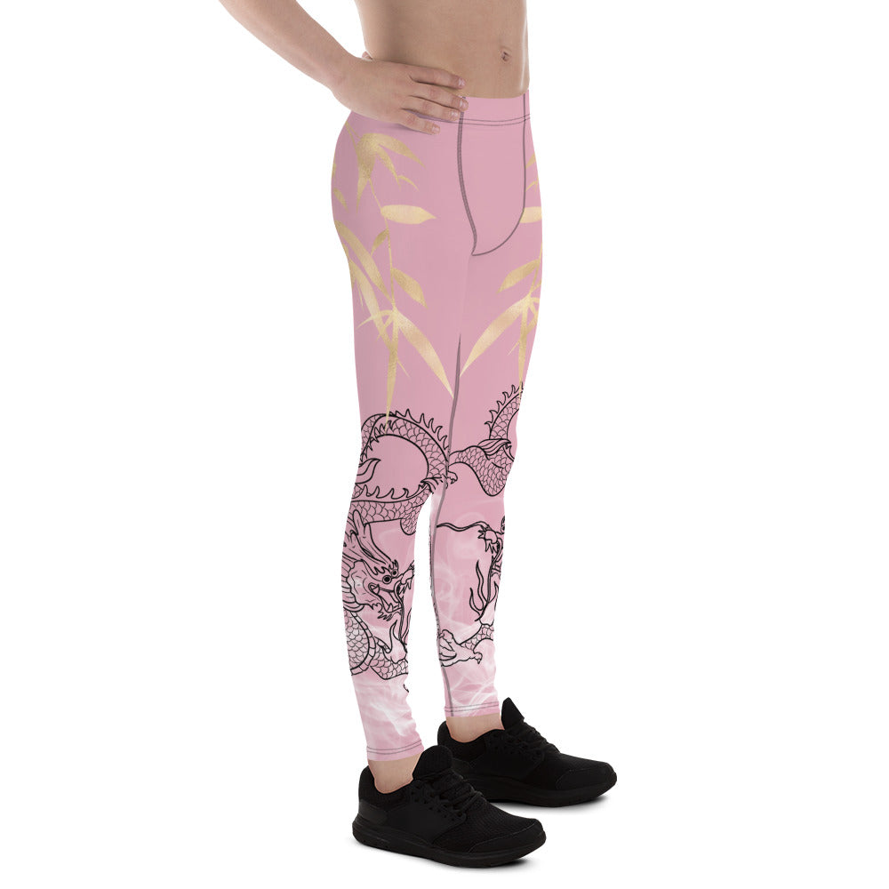 Men's Leggings - Dragon with White Smoke and Melanie color with Gold Bamboo Leaf