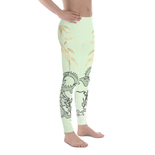 Men's Leggings - Dragon with White Smoke, Gold Leaf, and light green background