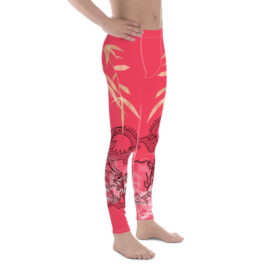 Men's Leggings - Dragon with White Smoke, Gold Bamboo Leaf, Radical Red background