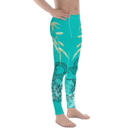 Men's Leggings - Dragon with White Smoke, Gold Bamboo Leaf, Iris Blue background