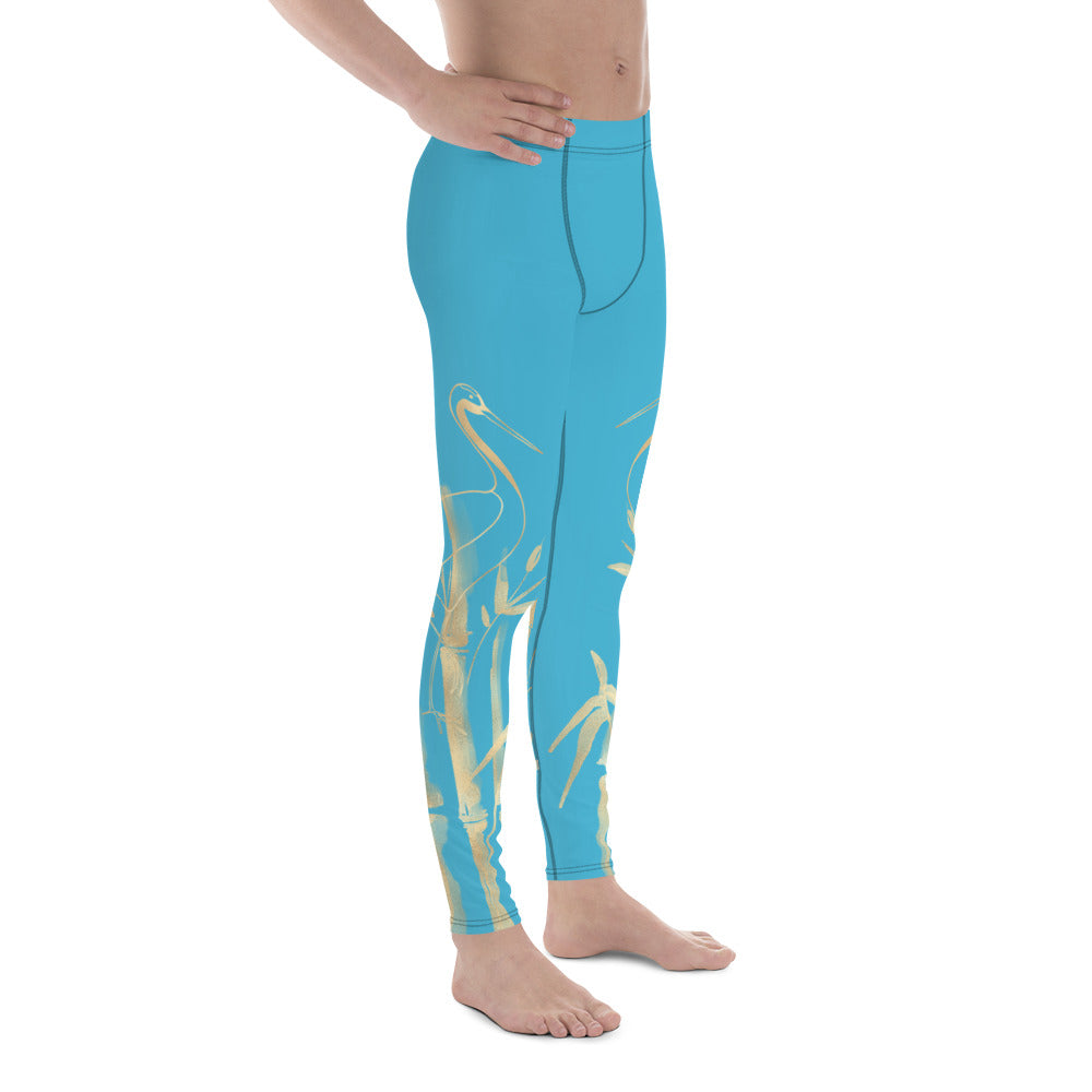 Men's Leggings – Gold Grane, Gold Bamboo Leaf, Summer Sky Blue background