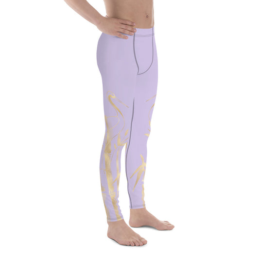 Men's Leggings – Gold Grane, Gold Bamboo Leaf, Fog Light Purple background