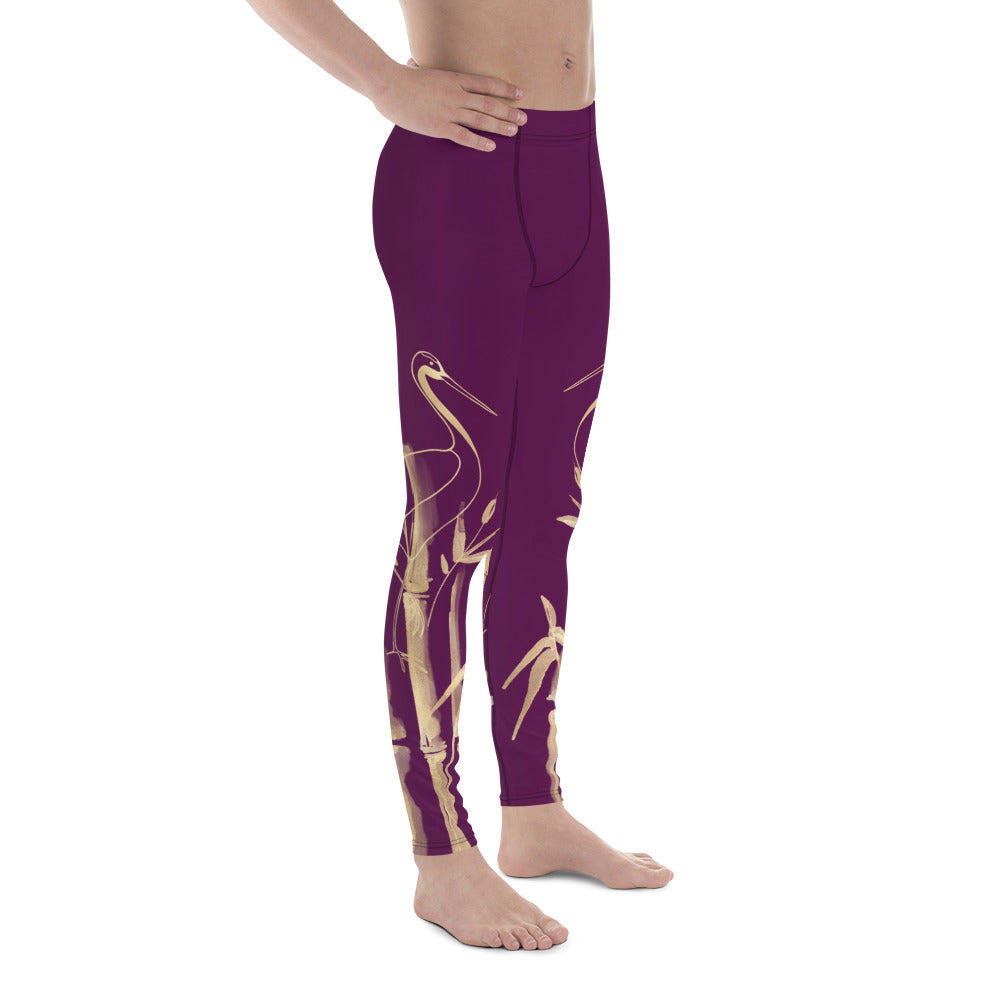 Men's Leggings – Gold Grane, Gold Bamboo Leaf, Tyrian Purple background