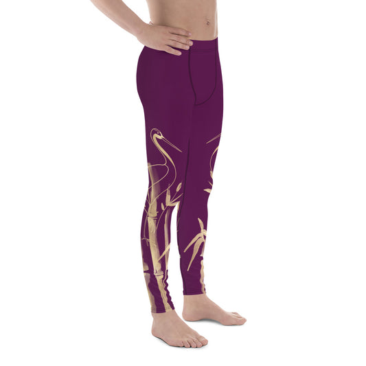 Men's Leggings – Gold Grane, Gold Bamboo Leaf, Tyrian Purple background