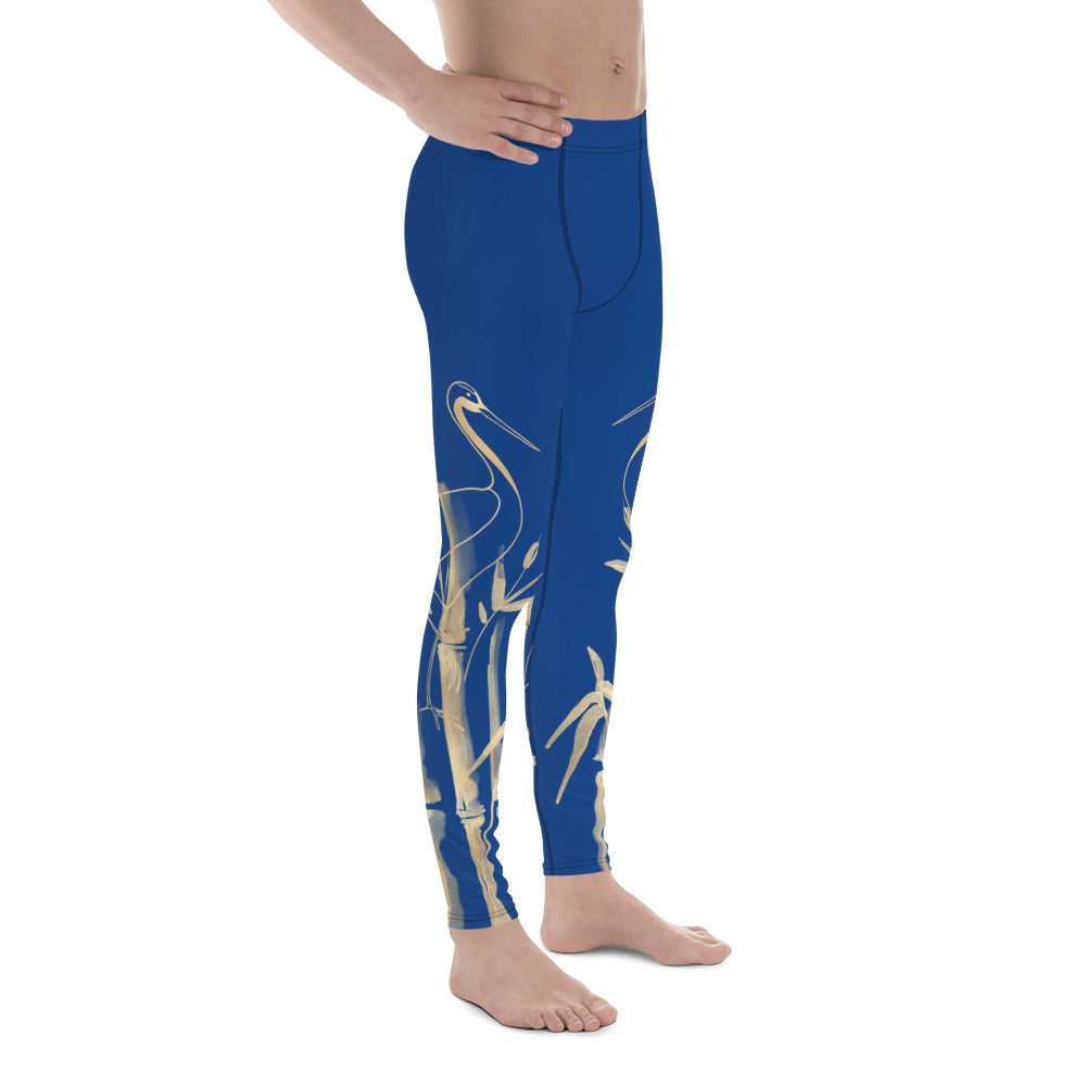 Men's Leggings – Gold Grane, Gold Bamboo Leaf, Dark Cerulean - Dark Blue background