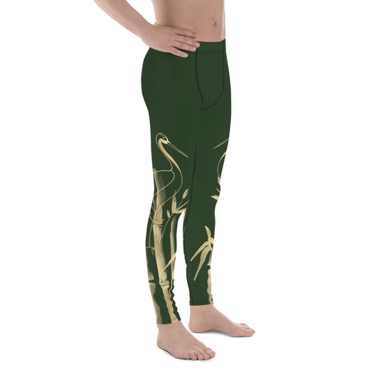 Men's Leggings – Gold Grane, Gold Bamboo Leaf, Myrtle Dark Green background