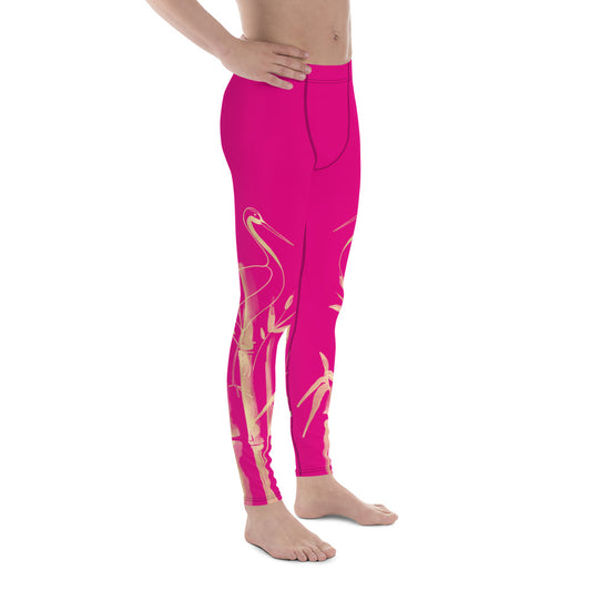 Men's Leggings – Gold Grane, Gold Bamboo Leaf, Medium Violet Red background